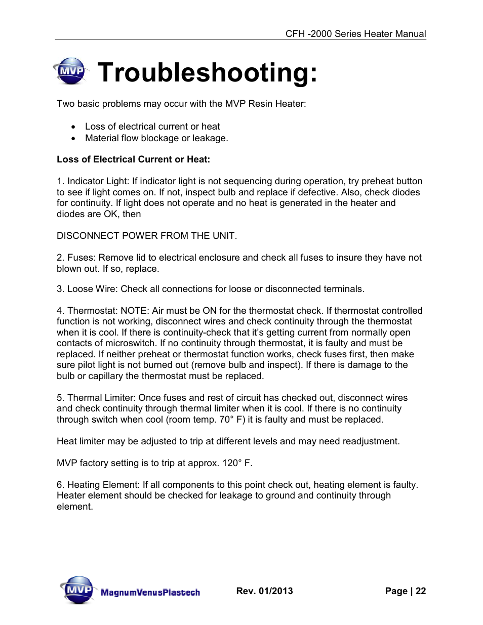 Troubleshooting | Magnum Venus Plastech CFH-2000 User Manual | Page 22 / 41