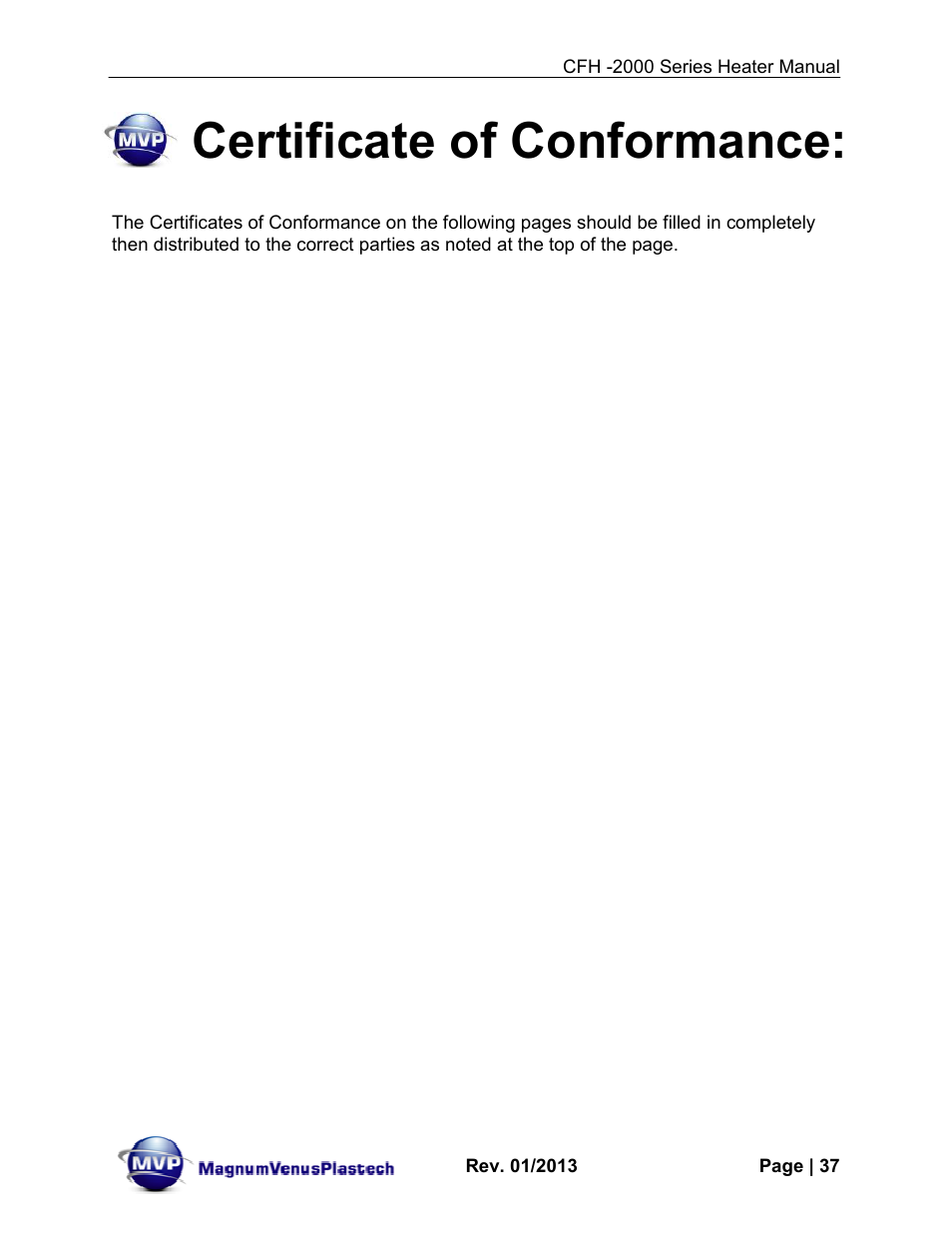 Certificate of conformance | Magnum Venus Plastech CFH-2000 User Manual | Page 37 / 41