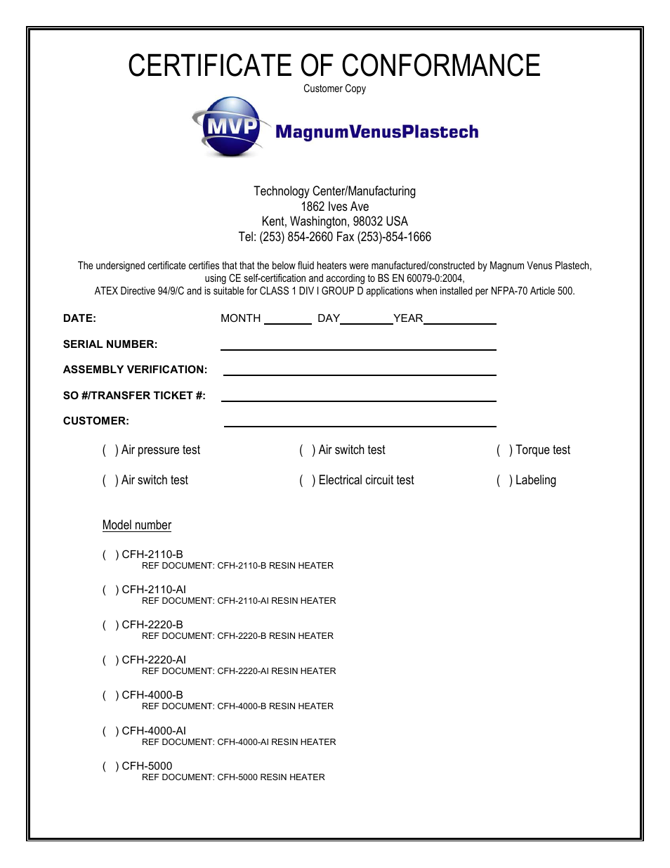 Certificate of conformance | Magnum Venus Plastech CFH-2000 User Manual | Page 39 / 41