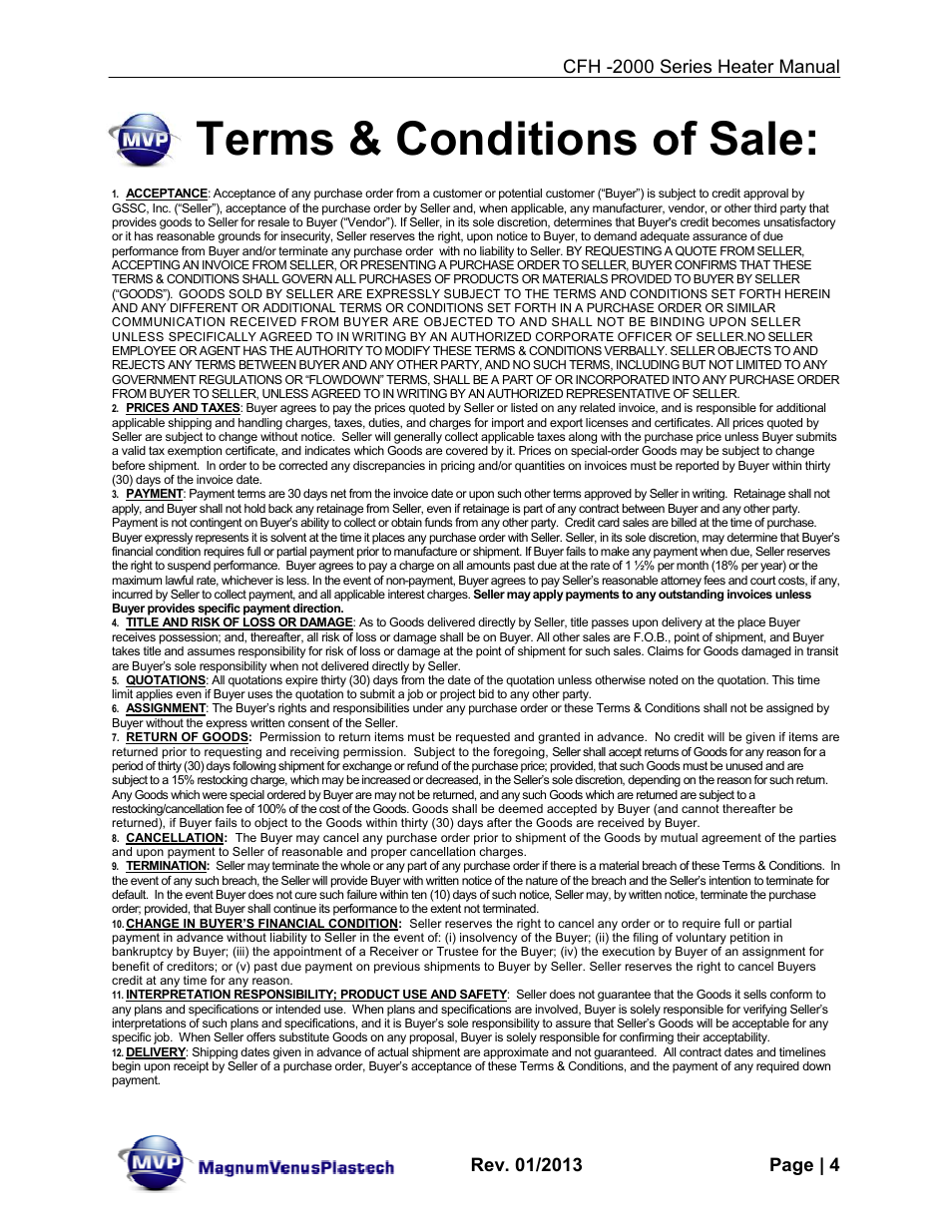 Terms & conditions of sale | Magnum Venus Plastech CFH-2000 User Manual | Page 4 / 41