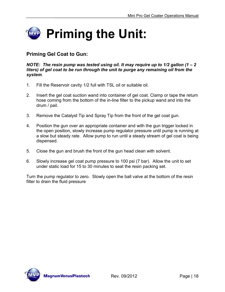 Priming the unit | Magnum Venus Plastech Pro Series Mini Pro Gel Coater User Manual | Page 18 / 42