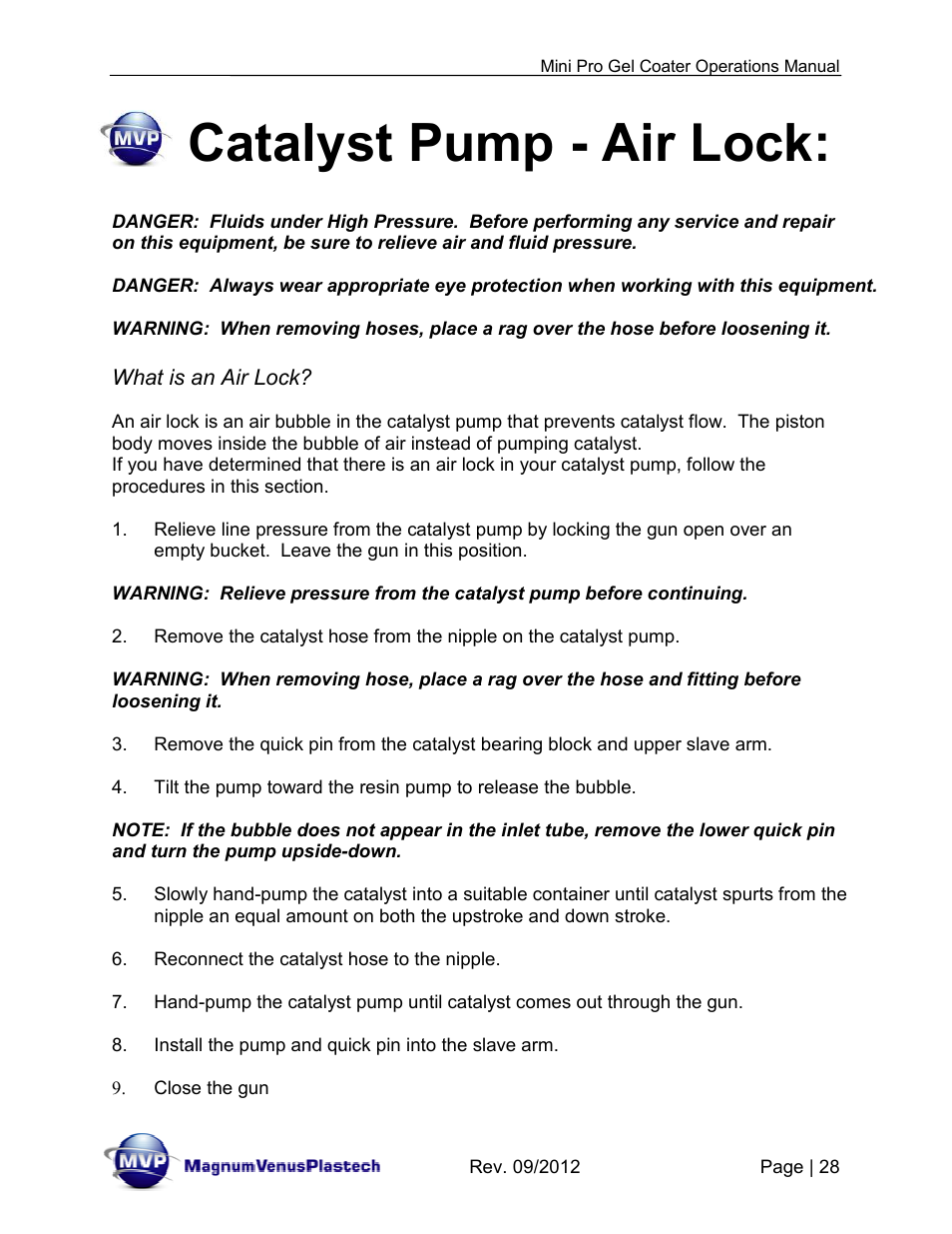 Catalyst pump - air lock | Magnum Venus Plastech Pro Series Mini Pro Gel Coater User Manual | Page 28 / 42