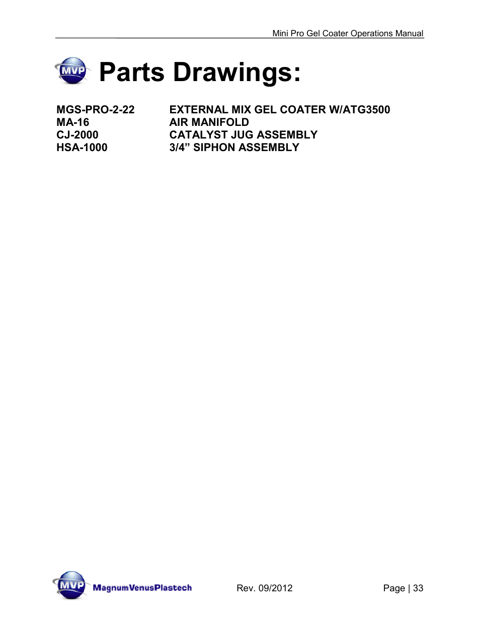 Parts drawings | Magnum Venus Plastech Pro Series Mini Pro Gel Coater User Manual | Page 33 / 42