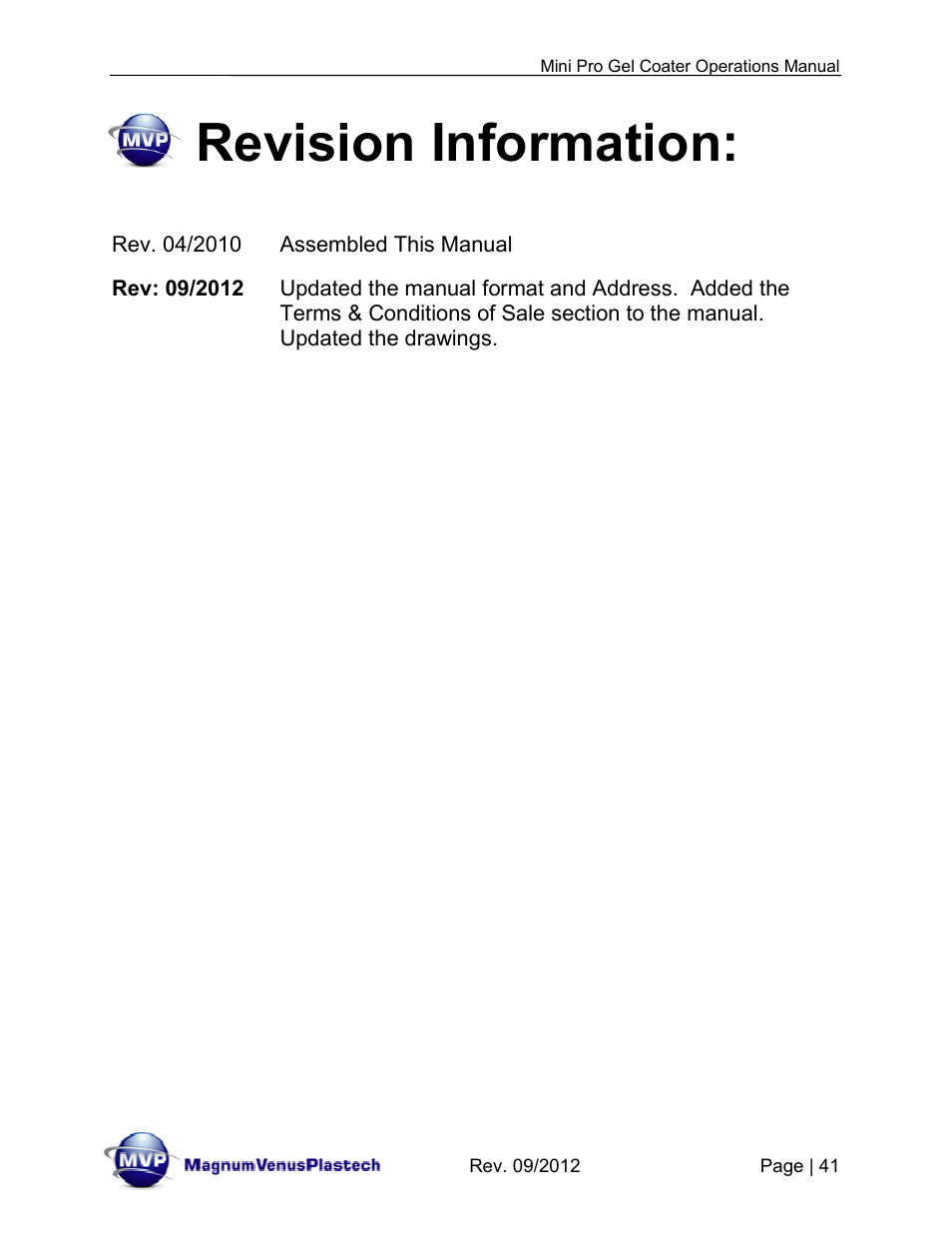 Revision information | Magnum Venus Plastech Pro Series Mini Pro Gel Coater User Manual | Page 41 / 42