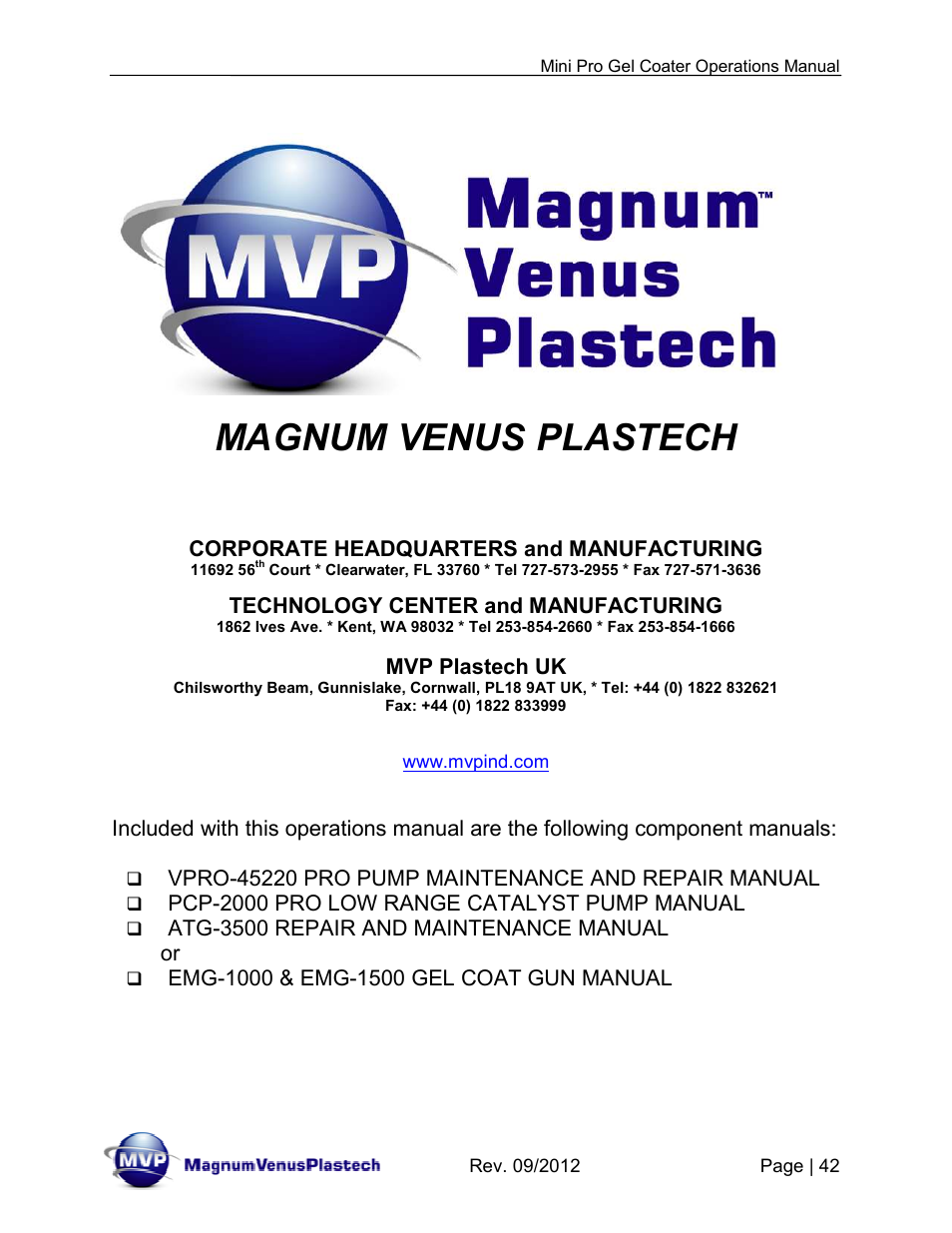 Magnum venus plastech | Magnum Venus Plastech Pro Series Mini Pro Gel Coater User Manual | Page 42 / 42