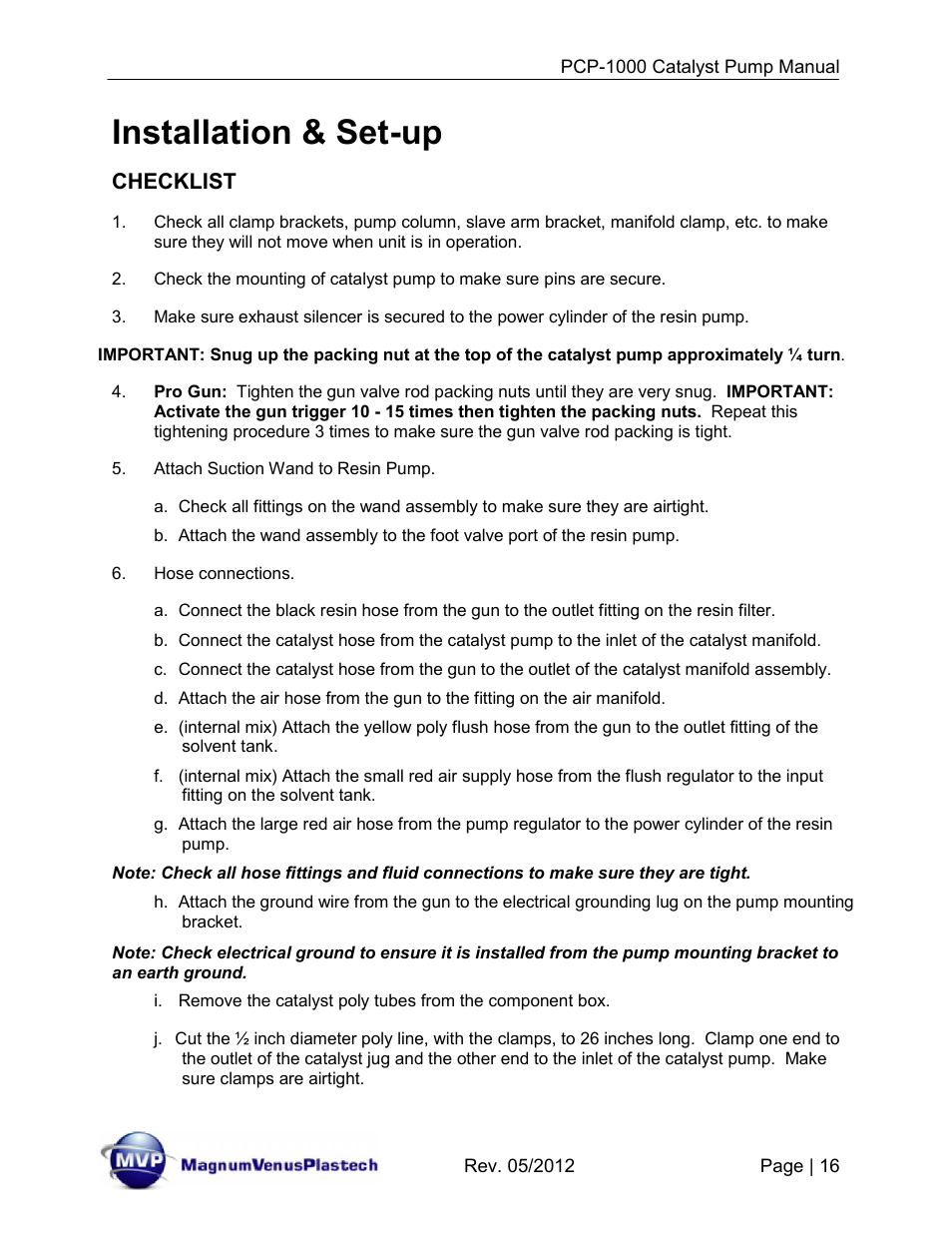 Installation & set-up | Magnum Venus Plastech Pro Series PCP-1000 User Manual | Page 16 / 36