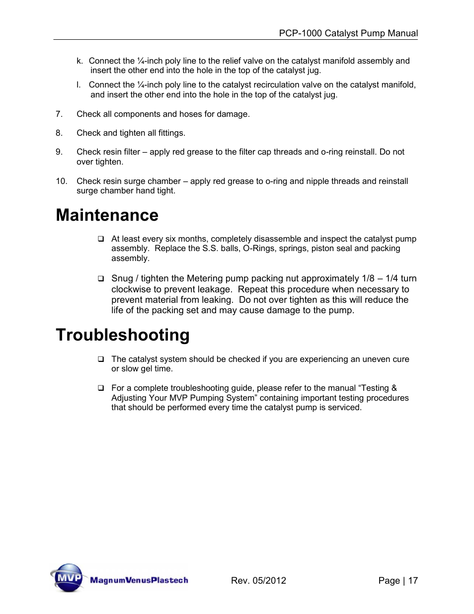 Maintenance, Troubleshooting | Magnum Venus Plastech Pro Series PCP-1000 User Manual | Page 17 / 36