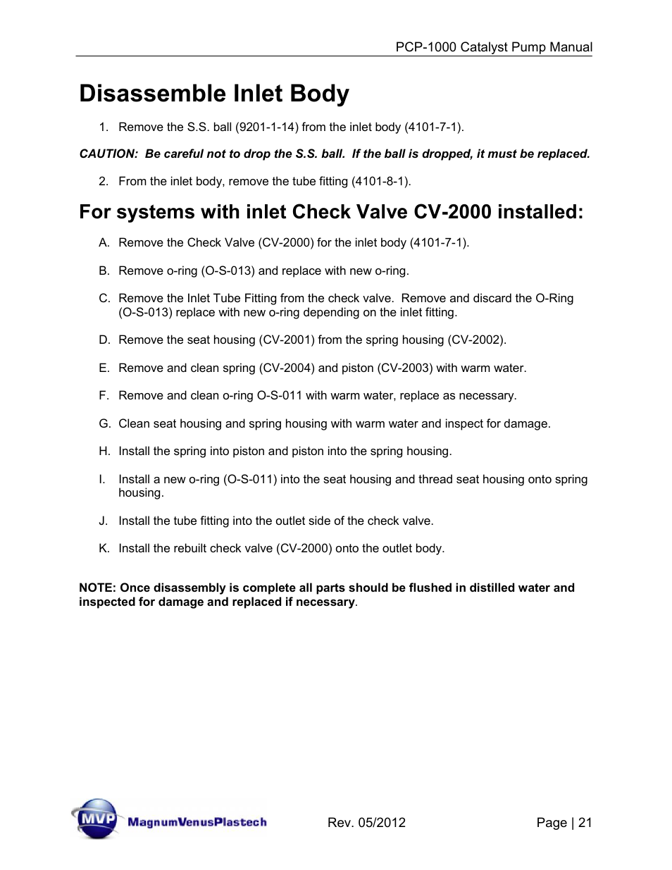 Disassemble inlet body | Magnum Venus Plastech Pro Series PCP-1000 User Manual | Page 21 / 36