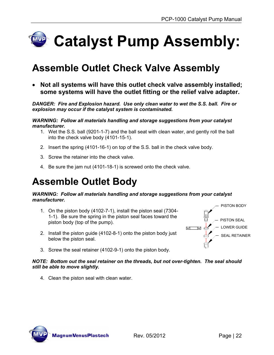 Catalyst pump assembly, Assemble outlet check valve assembly, Assemble outlet body | Magnum Venus Plastech Pro Series PCP-1000 User Manual | Page 22 / 36