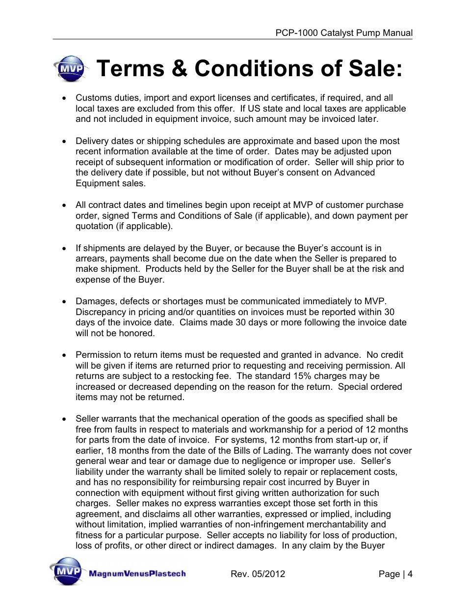 Terms & conditions of sale | Magnum Venus Plastech Pro Series PCP-1000 User Manual | Page 4 / 36