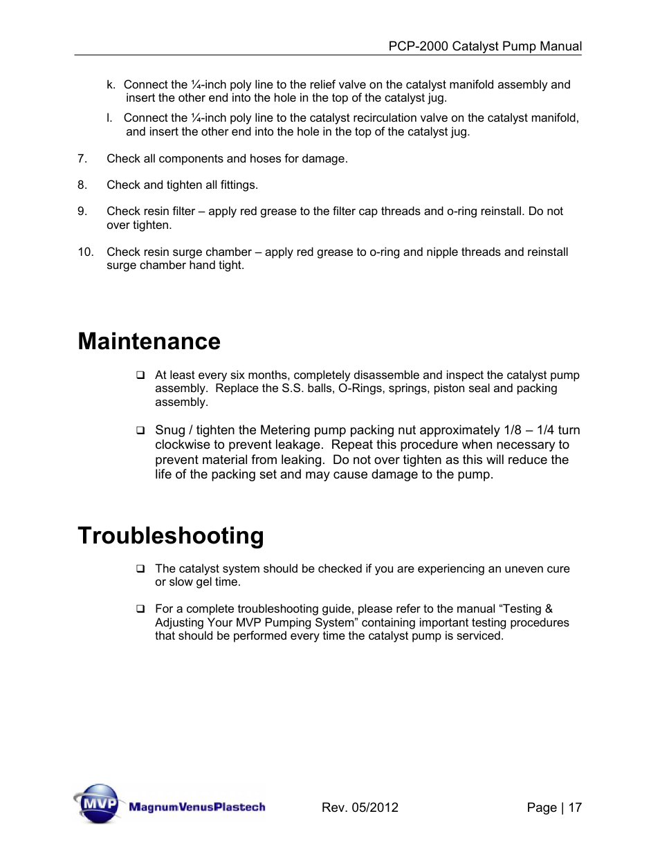 Maintenance, Troubleshooting | Magnum Venus Plastech Pro Series PCP-2000 User Manual | Page 17 / 34