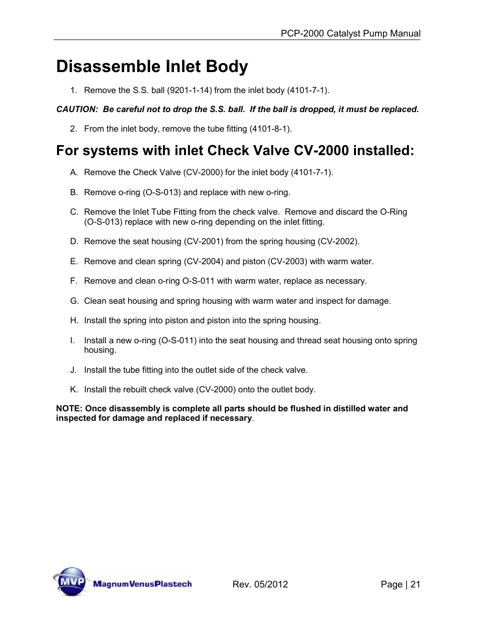 Disassemble inlet body | Magnum Venus Plastech Pro Series PCP-2000 User Manual | Page 21 / 34