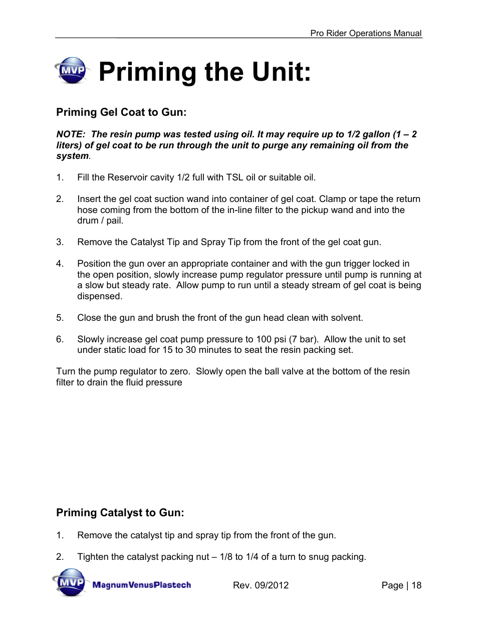 Priming the unit | Magnum Venus Plastech Pro Rider Gel Coater User Manual | Page 18 / 45