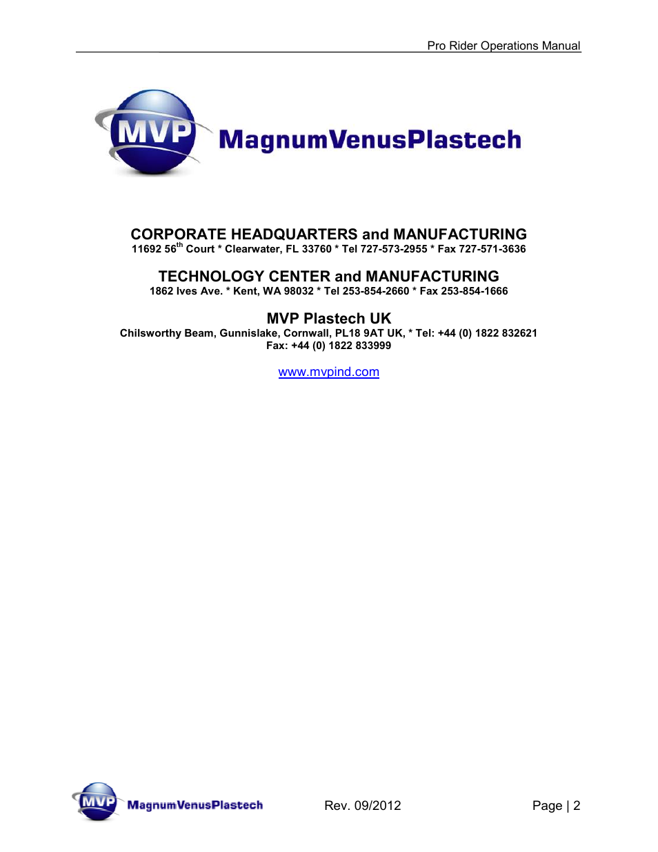 Corporate headquarters and manufacturing, Technology center and manufacturing, Mvp plastech uk | Magnum Venus Plastech Pro Rider Gel Coater User Manual | Page 2 / 45