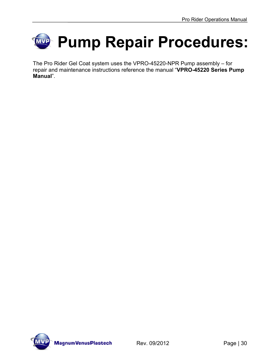 Pump repair procedures | Magnum Venus Plastech Pro Rider Gel Coater User Manual | Page 30 / 45