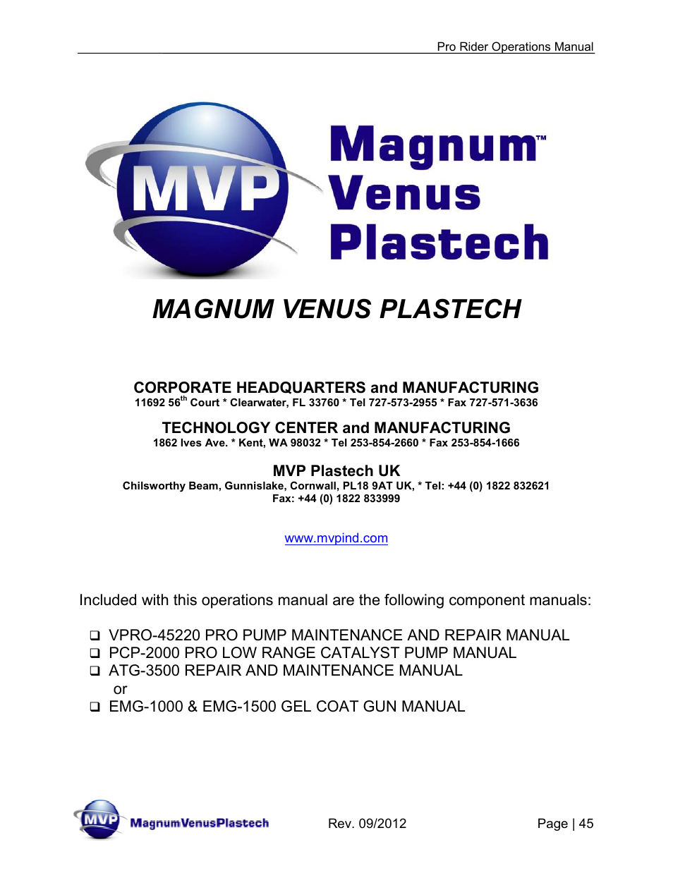 Magnum venus plastech | Magnum Venus Plastech Pro Rider Gel Coater User Manual | Page 45 / 45