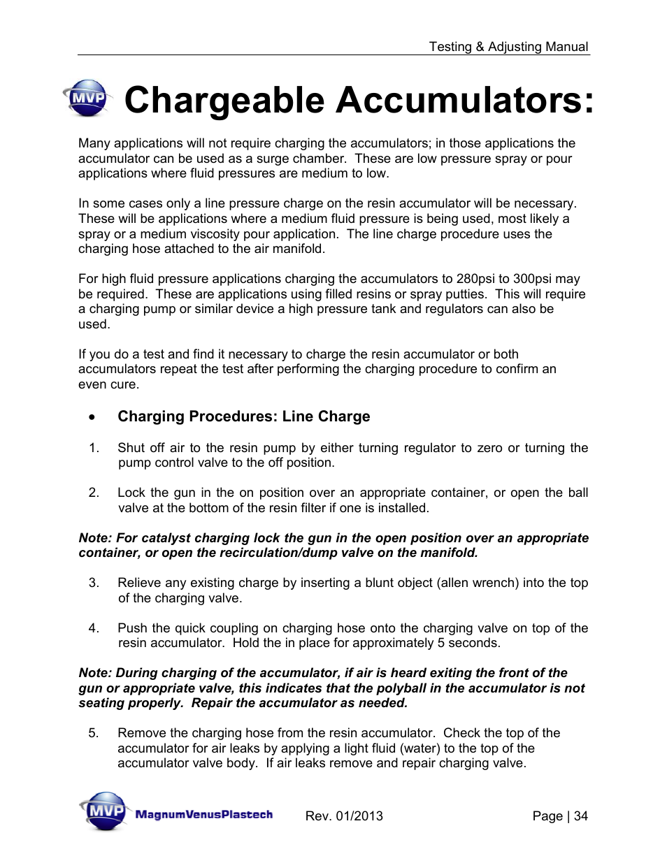 Chargeable accumulators | Magnum Venus Plastech TESTING & ADJUSTING YOUR MVP PUMPING SYSTEM User Manual | Page 34 / 47