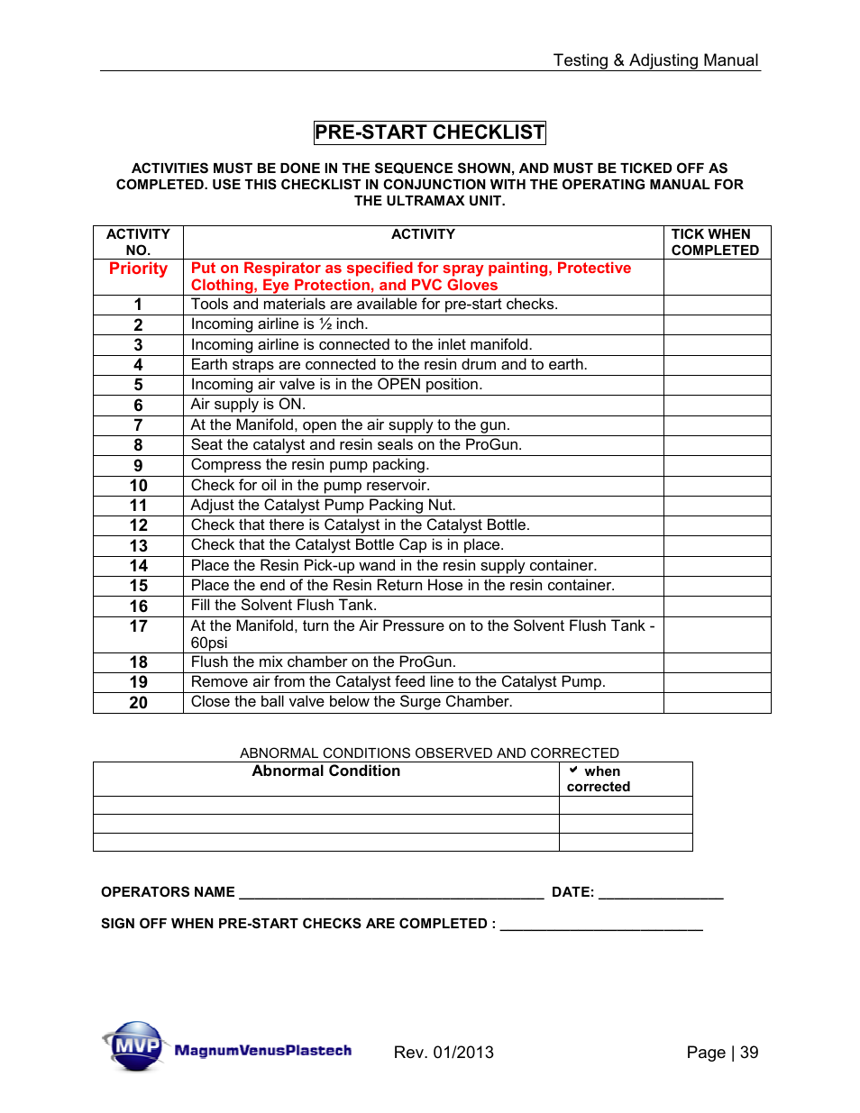 Pre-start checklist | Magnum Venus Plastech TESTING & ADJUSTING YOUR MVP PUMPING SYSTEM User Manual | Page 39 / 47