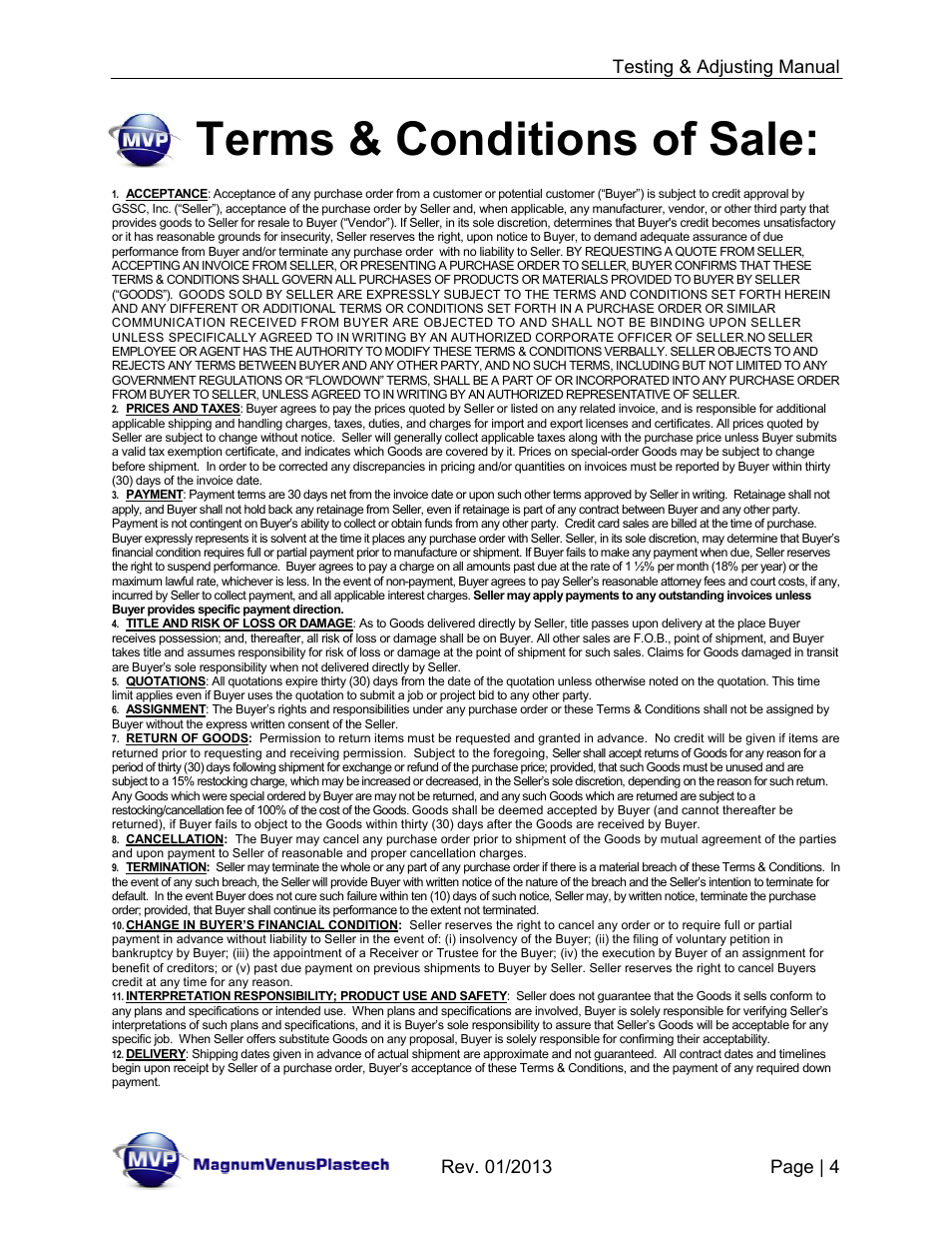 Terms & conditions of sale | Magnum Venus Plastech TESTING & ADJUSTING YOUR MVP PUMPING SYSTEM User Manual | Page 4 / 47