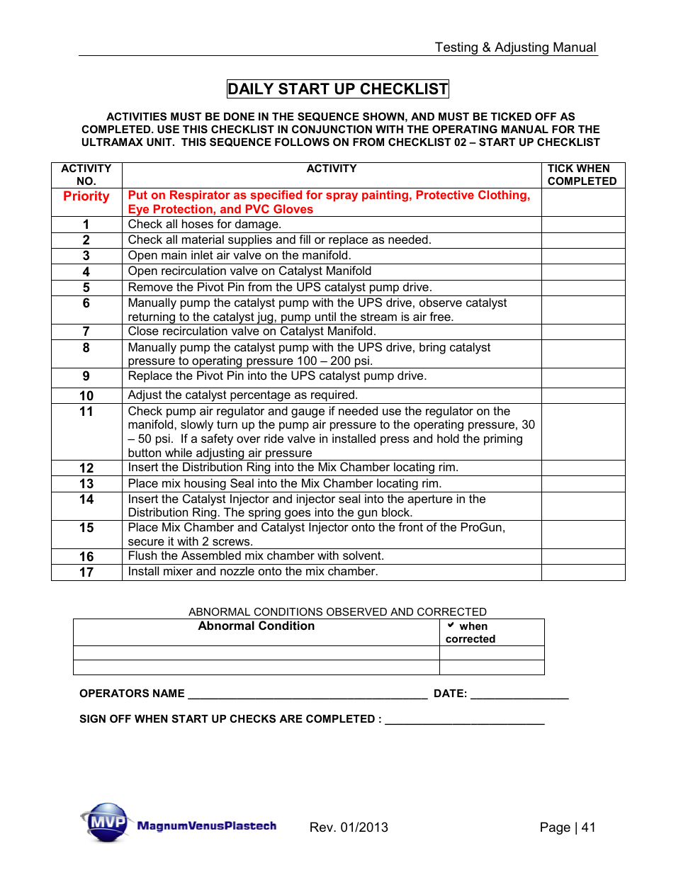 Daily start up checklist | Magnum Venus Plastech TESTING & ADJUSTING YOUR MVP PUMPING SYSTEM User Manual | Page 41 / 47