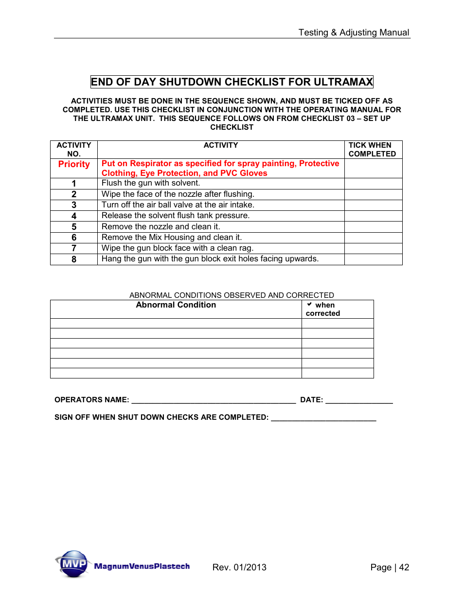 End of day shutdown checklist for ultramax | Magnum Venus Plastech TESTING & ADJUSTING YOUR MVP PUMPING SYSTEM User Manual | Page 42 / 47