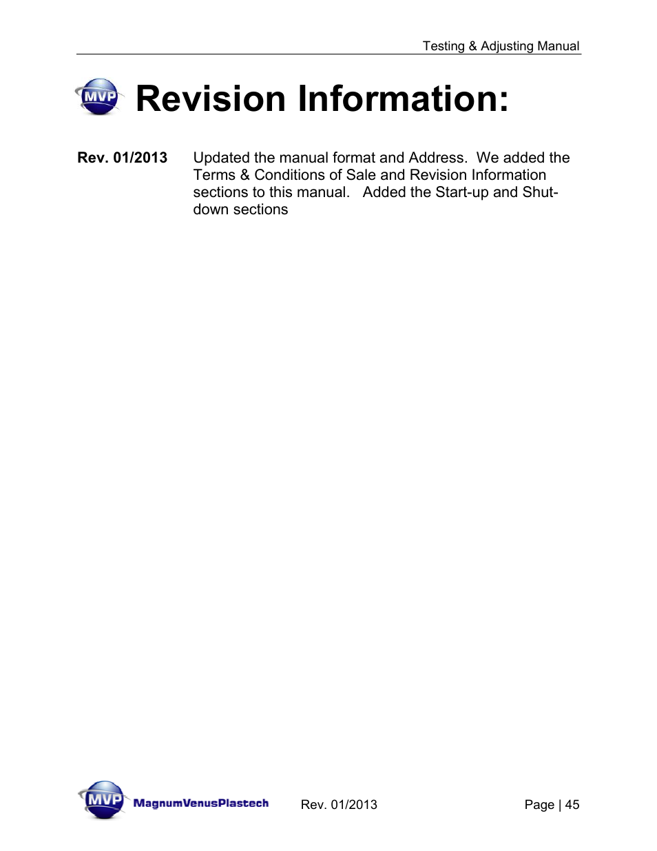 Revision information | Magnum Venus Plastech TESTING & ADJUSTING YOUR MVP PUMPING SYSTEM User Manual | Page 45 / 47