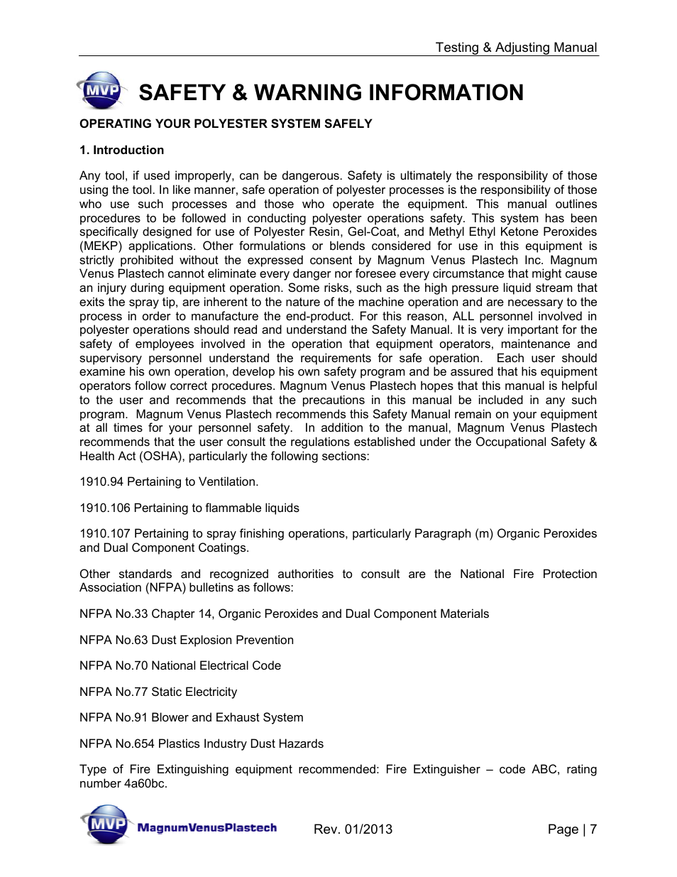 Safety & warning information | Magnum Venus Plastech TESTING & ADJUSTING YOUR MVP PUMPING SYSTEM User Manual | Page 7 / 47