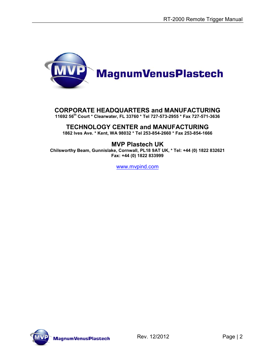 Corporate headquarters and manufacturing, Technology center and manufacturing, Mvp plastech uk | Magnum Venus Plastech RT-2000 PRO GUN SATURATOR TRIGGER User Manual | Page 2 / 34