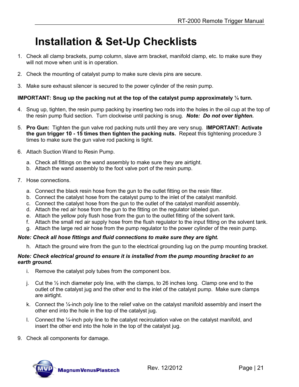 Installation & set-up checklists | Magnum Venus Plastech RT-2000 PRO GUN SATURATOR TRIGGER User Manual | Page 21 / 34