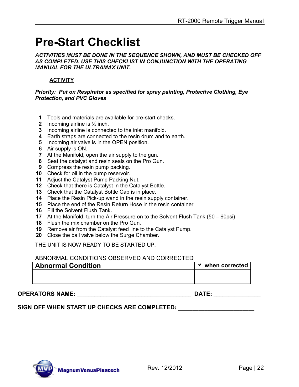 Pre-start checklist | Magnum Venus Plastech RT-2000 PRO GUN SATURATOR TRIGGER User Manual | Page 22 / 34