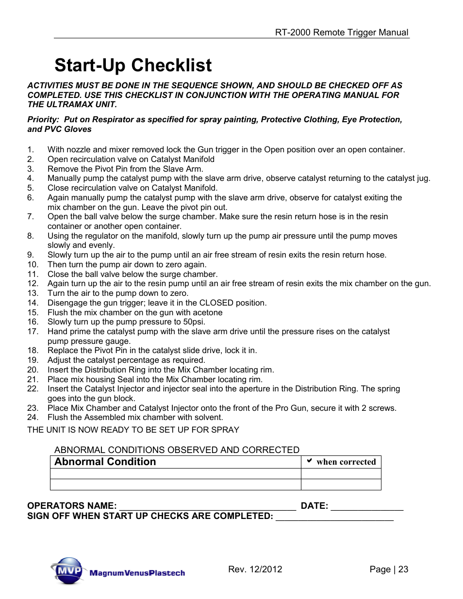 Start-up checklist | Magnum Venus Plastech RT-2000 PRO GUN SATURATOR TRIGGER User Manual | Page 23 / 34