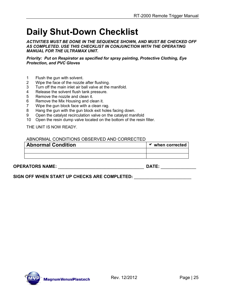 Daily shut-down checklist | Magnum Venus Plastech RT-2000 PRO GUN SATURATOR TRIGGER User Manual | Page 25 / 34