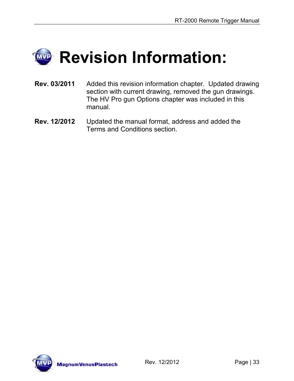 Revision information | Magnum Venus Plastech RT-2000 PRO GUN SATURATOR TRIGGER User Manual | Page 33 / 34