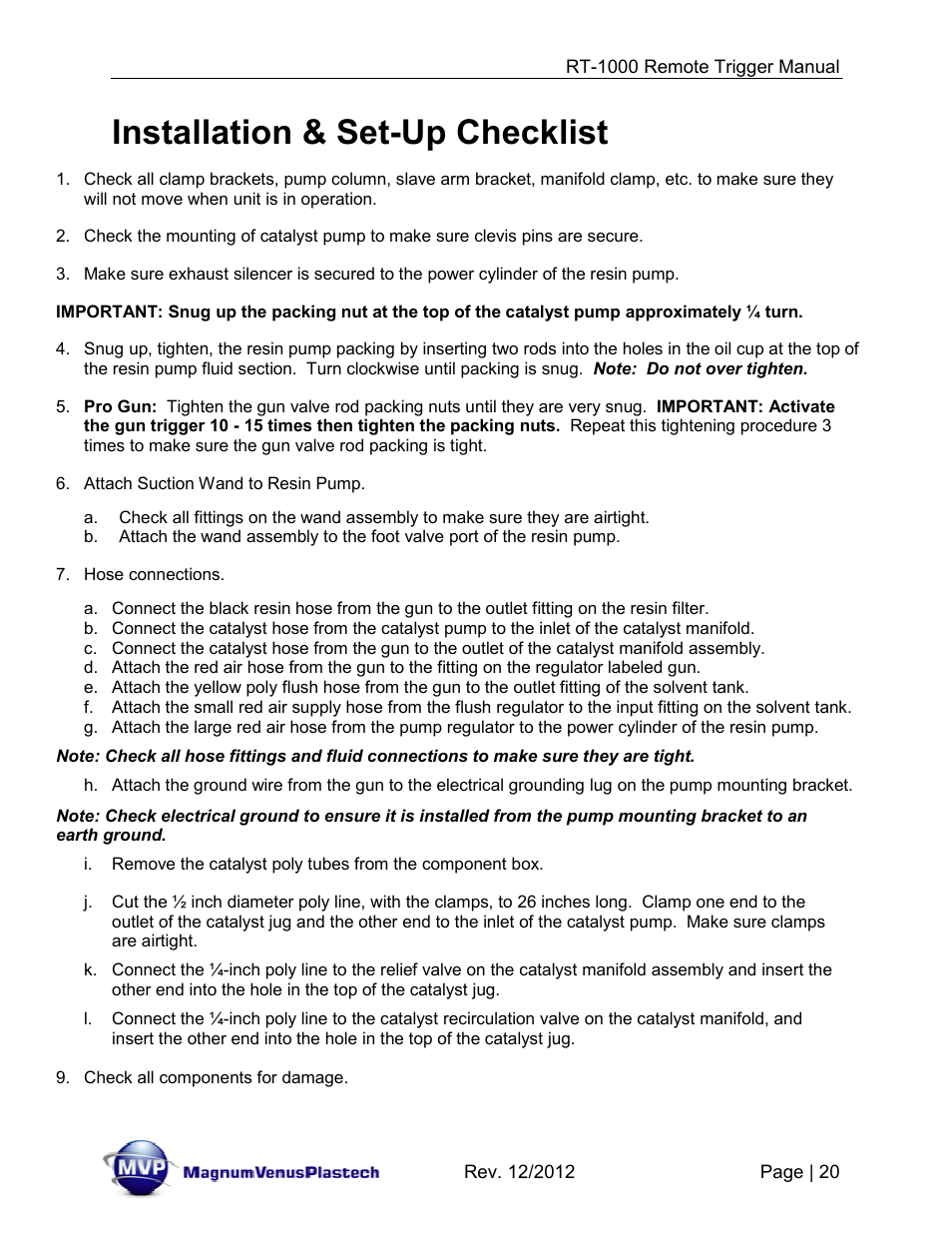 Installation & set-up checklist | Magnum Venus Plastech RT-1000 PUSH BUTTON TRIGGER User Manual | Page 20 / 33