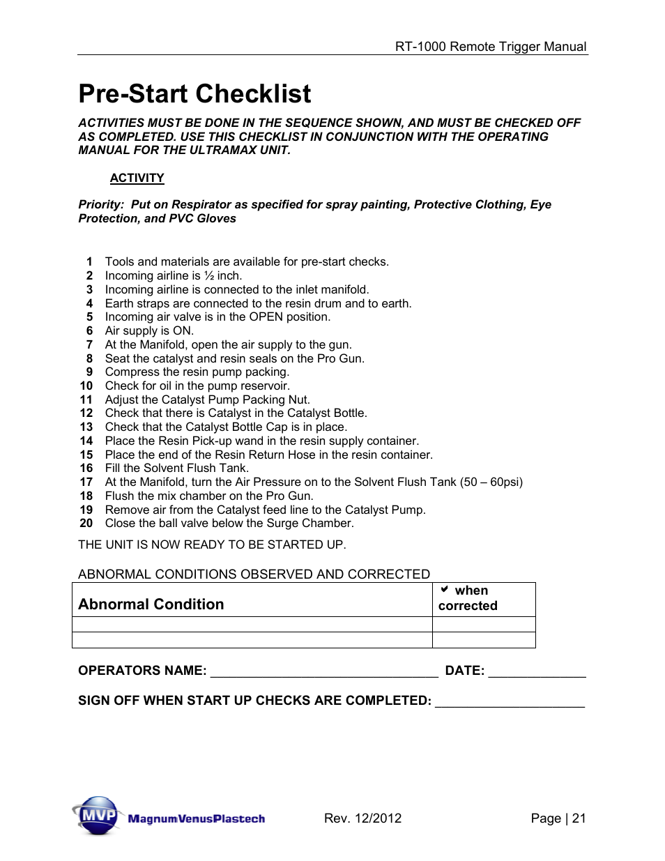Pre-start checklist | Magnum Venus Plastech RT-1000 PUSH BUTTON TRIGGER User Manual | Page 21 / 33