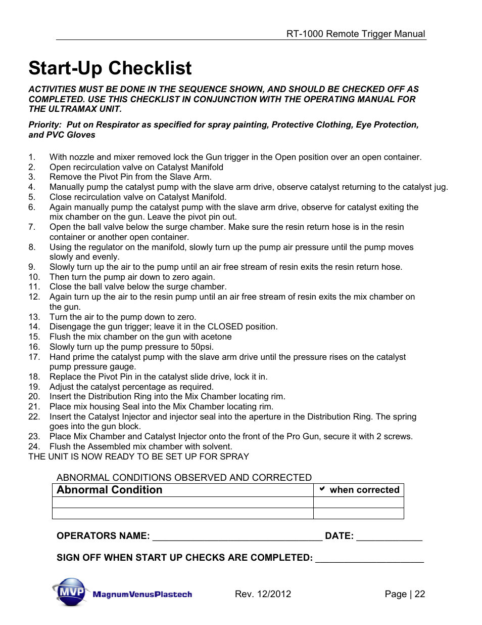 Start-up checklist | Magnum Venus Plastech RT-1000 PUSH BUTTON TRIGGER User Manual | Page 22 / 33