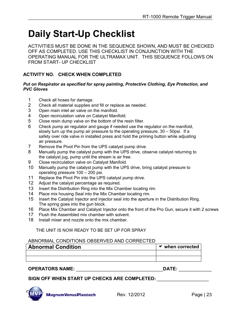 Daily start-up checklist | Magnum Venus Plastech RT-1000 PUSH BUTTON TRIGGER User Manual | Page 23 / 33