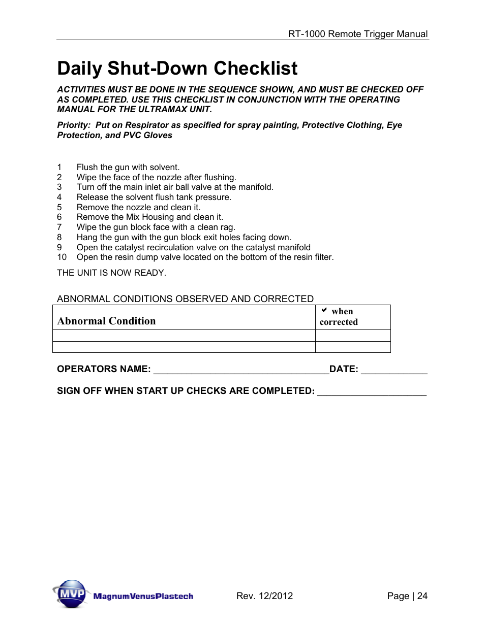 Daily shut-down checklist | Magnum Venus Plastech RT-1000 PUSH BUTTON TRIGGER User Manual | Page 24 / 33