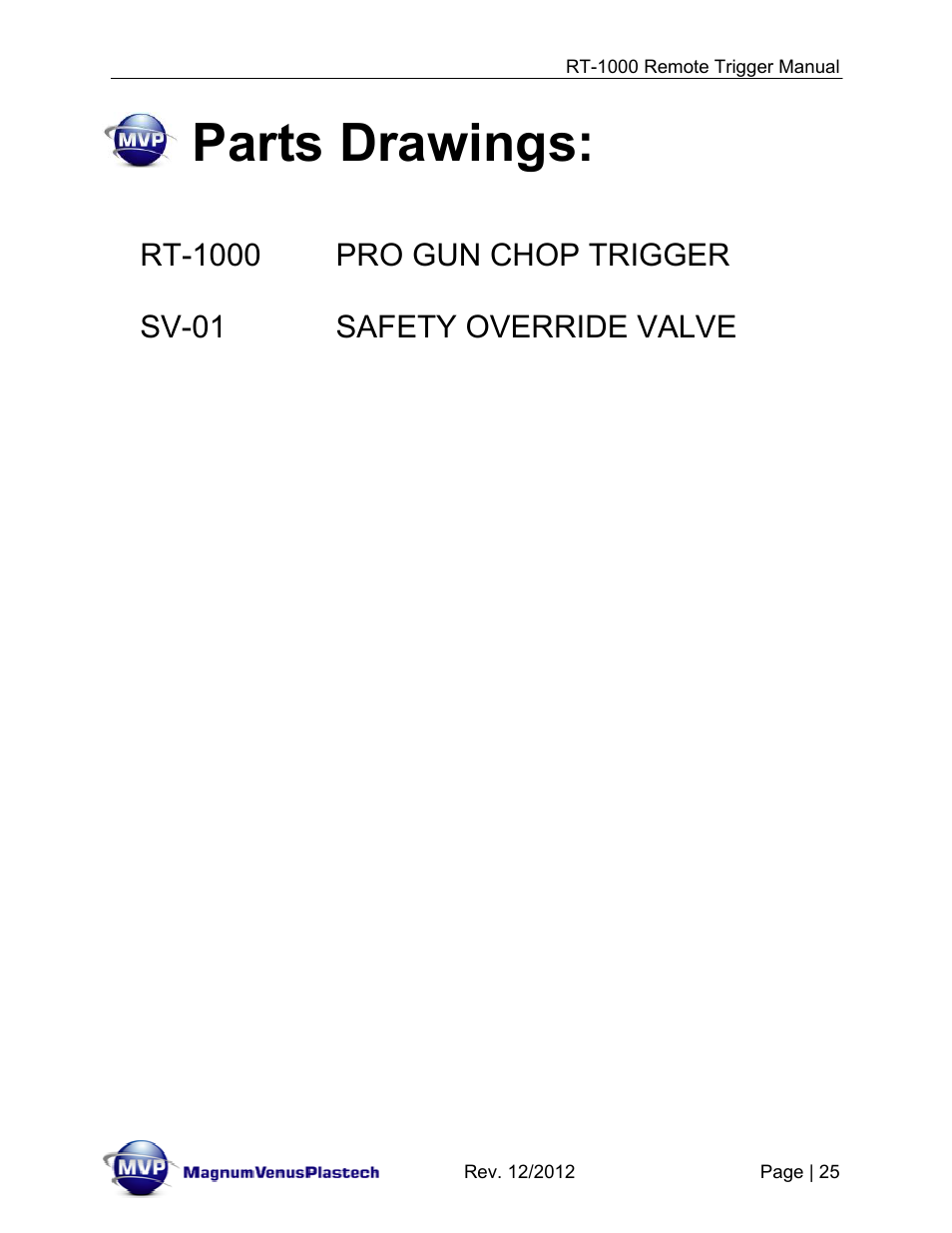 Parts drawings | Magnum Venus Plastech RT-1000 PUSH BUTTON TRIGGER User Manual | Page 25 / 33