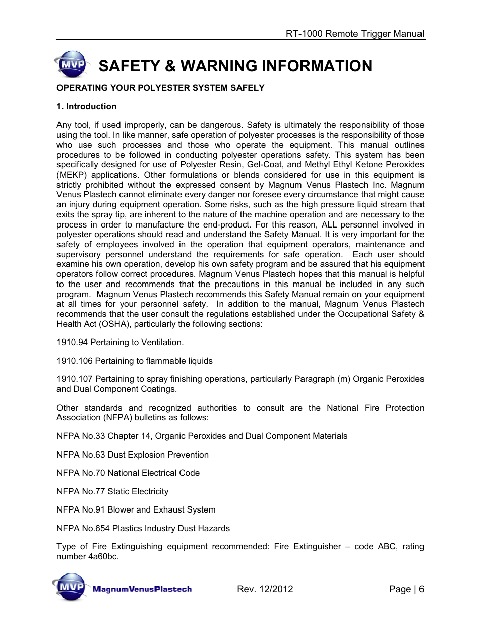 Safety & warning information | Magnum Venus Plastech RT-1000 PUSH BUTTON TRIGGER User Manual | Page 6 / 33