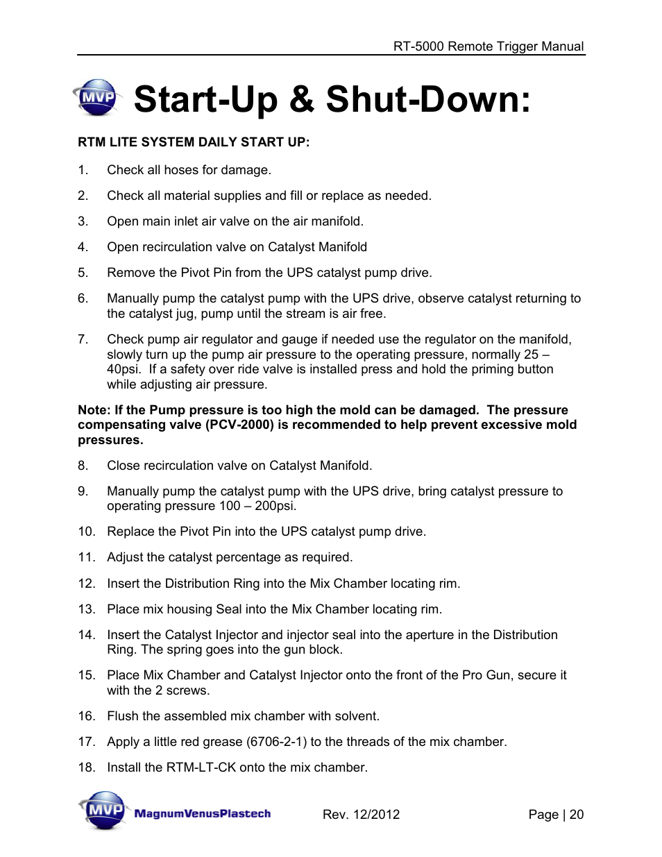 Start-up & shut-down | Magnum Venus Plastech RT-5000 RTM INJECTOR TRIGGER User Manual | Page 20 / 28