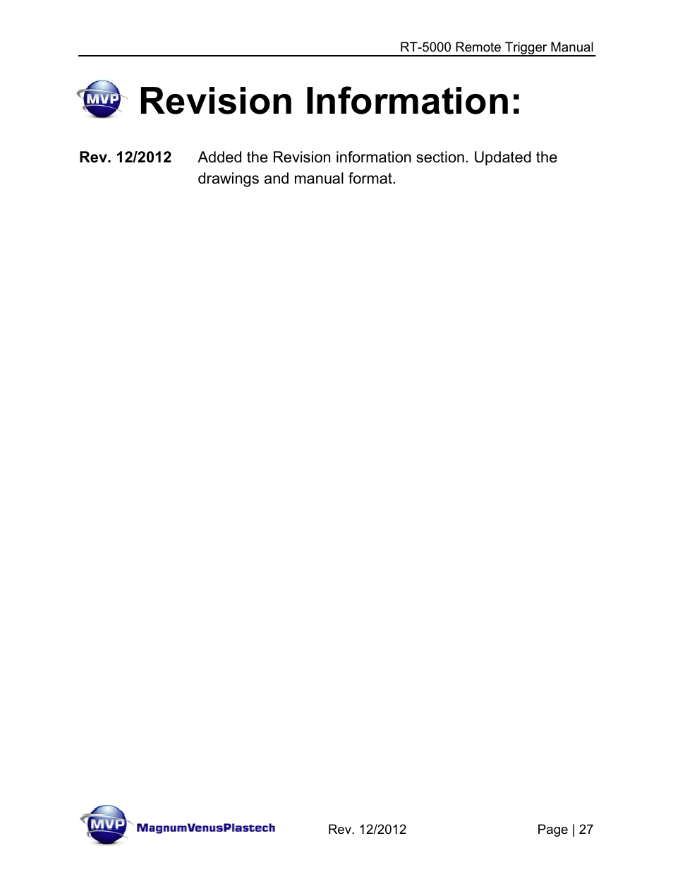 Revision information | Magnum Venus Plastech RT-5000 RTM INJECTOR TRIGGER User Manual | Page 27 / 28