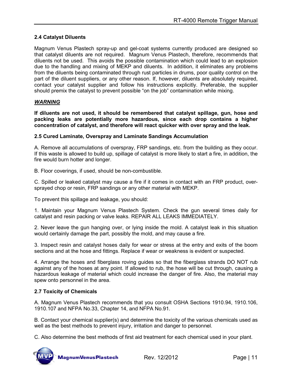 Magnum Venus Plastech RT-4000 RTM INJECTOR TRIGGER User Manual | Page 11 / 28
