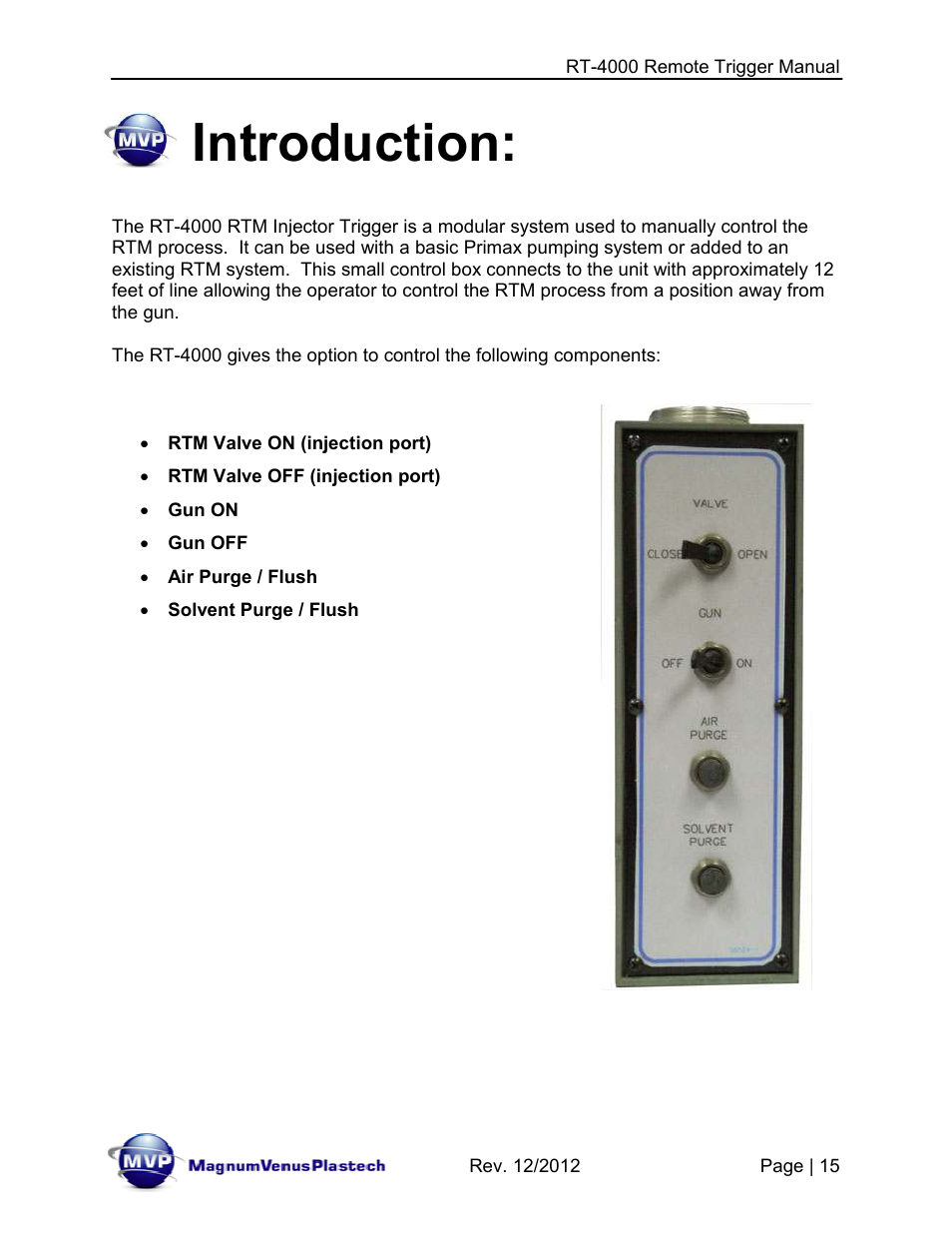 Introduction | Magnum Venus Plastech RT-4000 RTM INJECTOR TRIGGER User Manual | Page 15 / 28