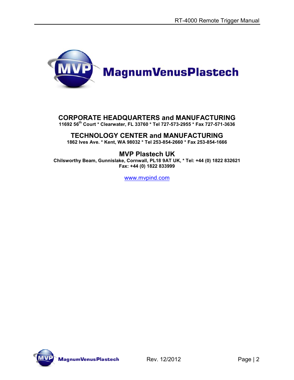 Corporate headquarters and manufacturing, Technology center and manufacturing, Mvp plastech uk | Magnum Venus Plastech RT-4000 RTM INJECTOR TRIGGER User Manual | Page 2 / 28