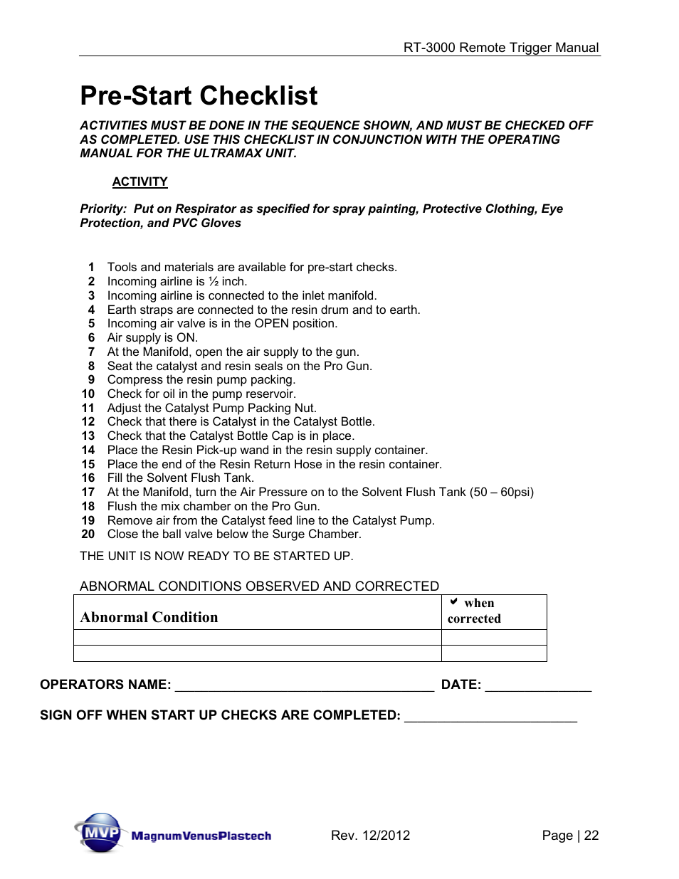 Pre-start checklist | Magnum Venus Plastech RT-3000 PRO GUN CHOP TRIGGER User Manual | Page 22 / 36