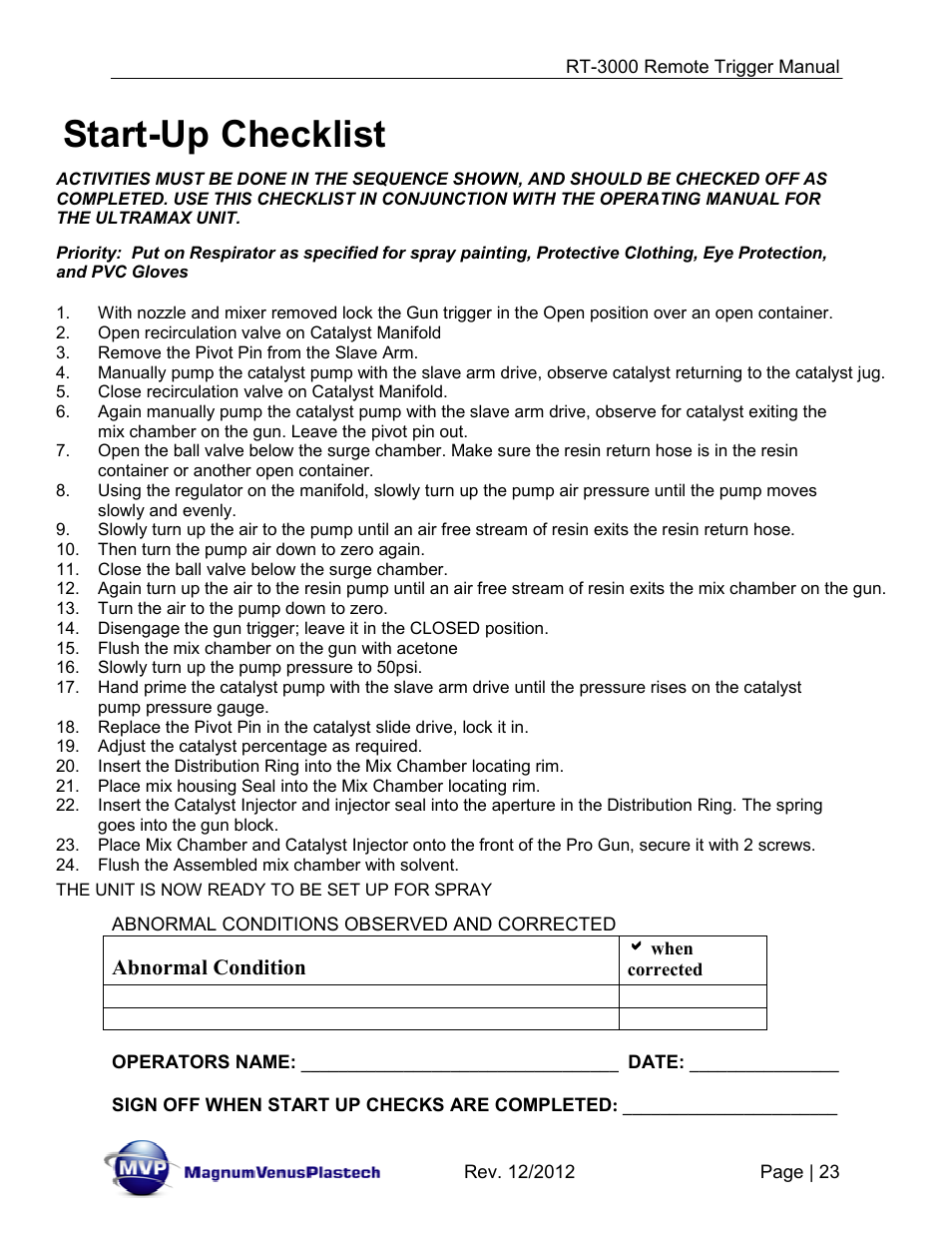 Start-up checklist, Abnormal condition | Magnum Venus Plastech RT-3000 PRO GUN CHOP TRIGGER User Manual | Page 23 / 36