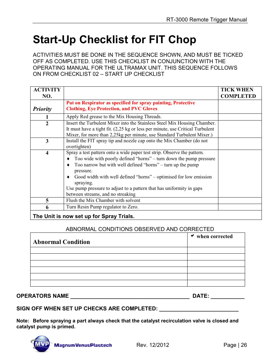 Start-up checklist for fit chop, Activity | Magnum Venus Plastech RT-3000 PRO GUN CHOP TRIGGER User Manual | Page 26 / 36