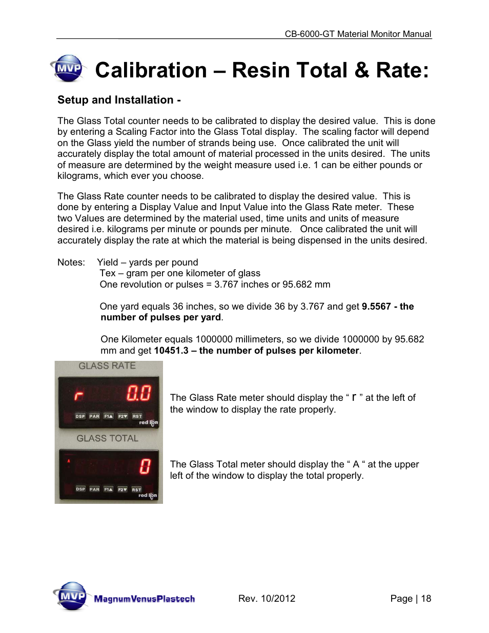 Calibration – resin total & rate | Magnum Venus Plastech CB-6000-GT Glass Monitor User Manual | Page 18 / 37