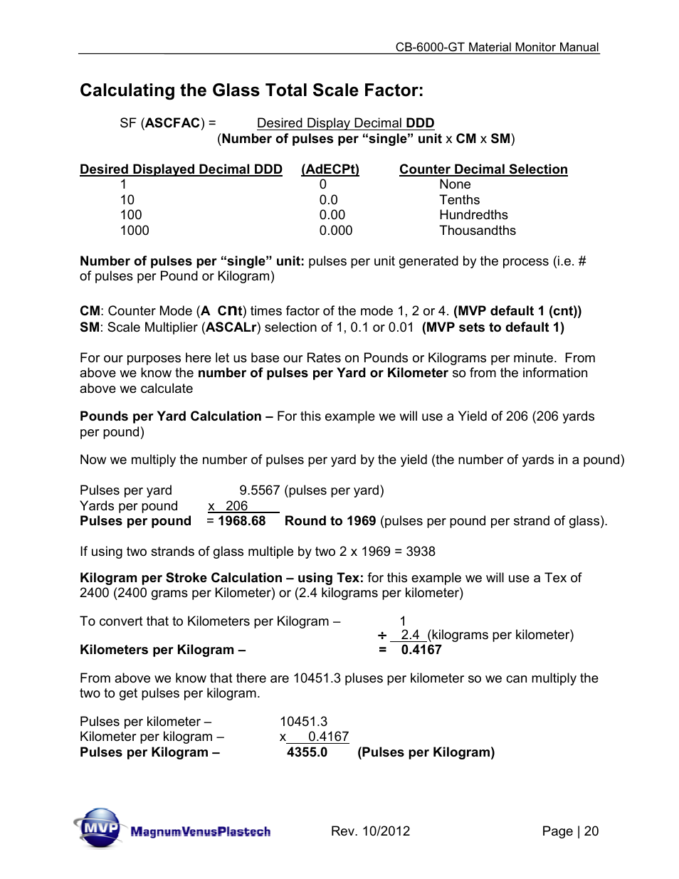 Calculating the glass total scale factor | Magnum Venus Plastech CB-6000-GT Glass Monitor User Manual | Page 20 / 37